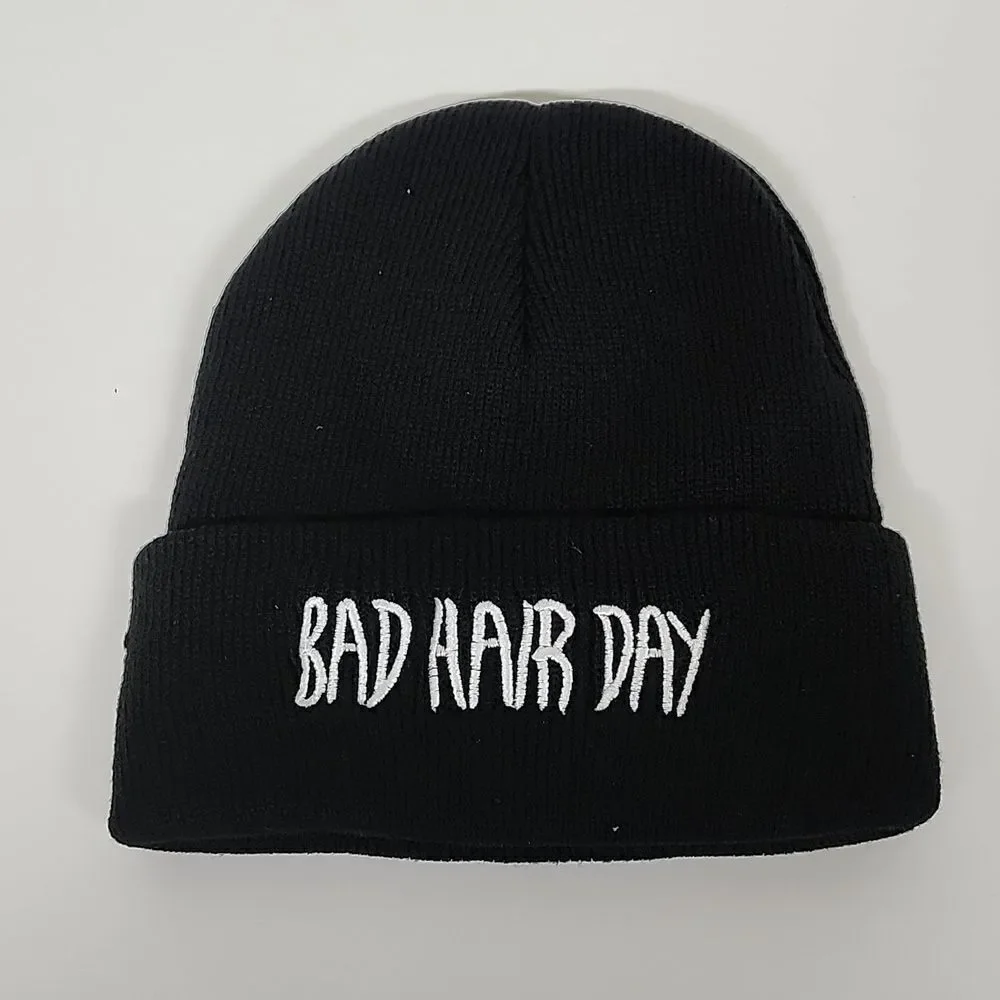 Trendy Black 'Bad Hair Day' Embroidered Beanie